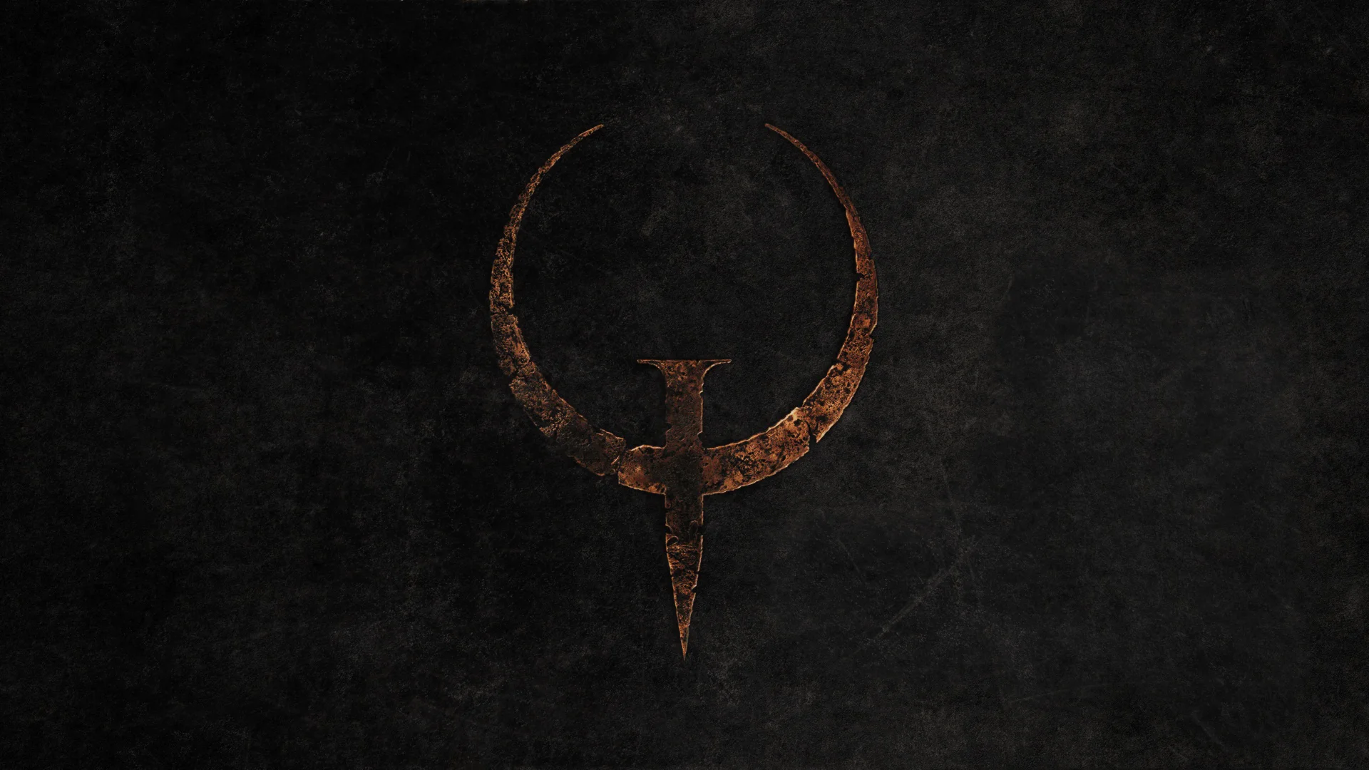 Rusty orange Quake game logo centered on a dark textured background