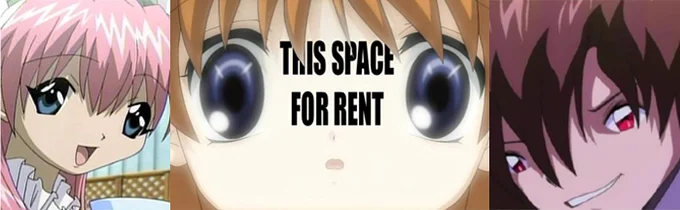 Quality — A horizontal strip of three anime character faces where the center face has completely blank eyes with text reading 'THIS SPACE FOR RENT' where
