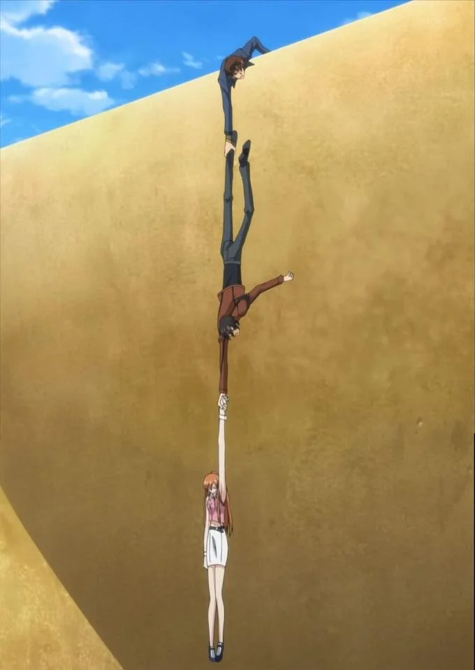 Quality — Two anime characters with bodies stretched to absurd lengths appearing to climb or hang from a sheer sandy wall with physically impossible