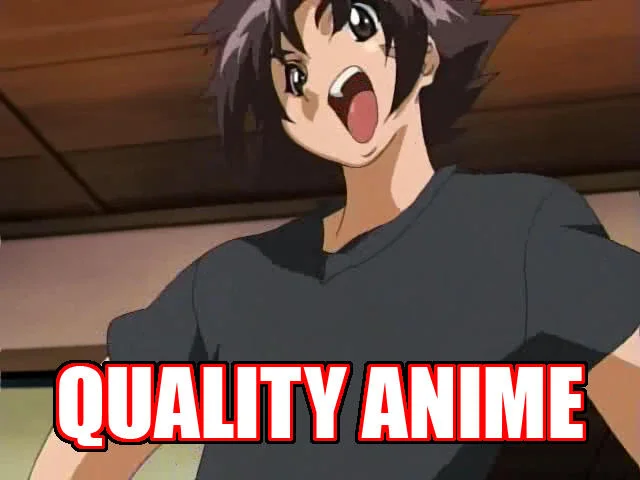An off-model anime character with an unnaturally elongated neck and exaggerated open mouth shown from a low angle, with red-outlined white text reading