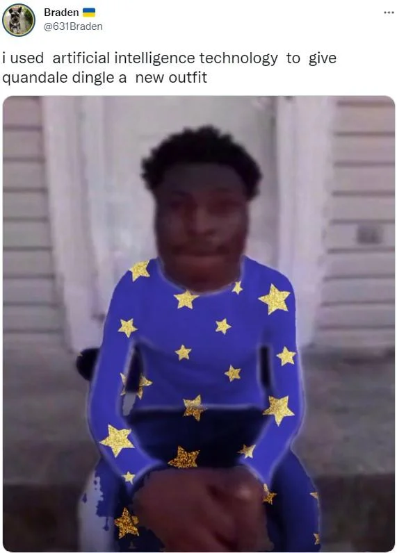 Twitter post screenshot showing Quandale Dingle digitally edited wearing blue outfit with yellow stars.