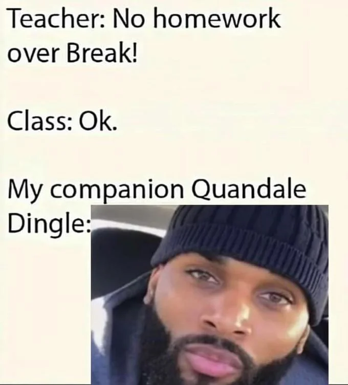 Homework joke meme reading 'Teacher: No homework over Break! Class: Ok. My companion Quandale Dingle:' with portrait of different person.