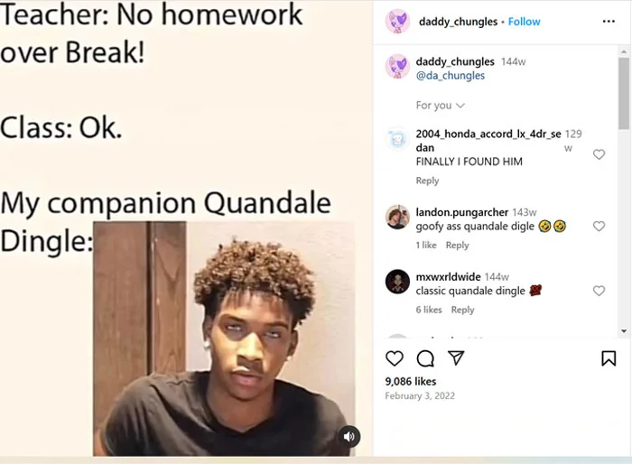 Screenshot of Instagram post showing classic homework joke format with Quandale Dingle referenced as companion with visible engagement metrics.