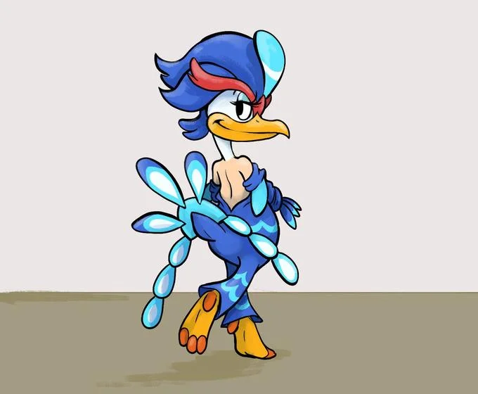 A clean professional character design illustration of Quaquaval standing against a neutral background displaying its iconic blue plumage, yellow beak, orange