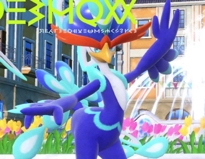 Quaquaval rendered in Pokémon Scarlet and Violet's 3D game engine displaying its distinctive blue and orange plumage and dynamic pose.