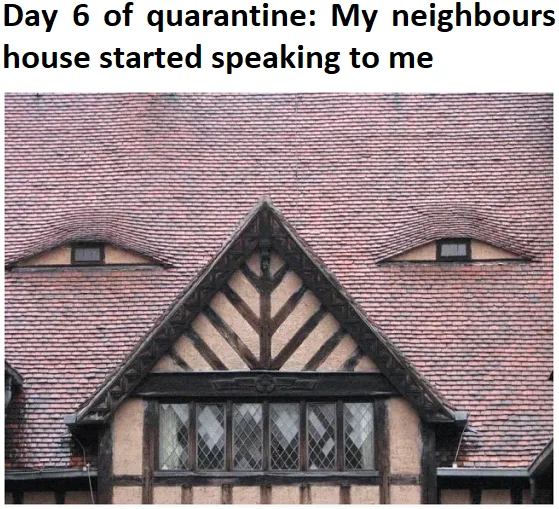 Quarantine Day X — Day 6 of Quarantine meme where a neighbor's house appears to have developed human facial features with eyes and mouth.