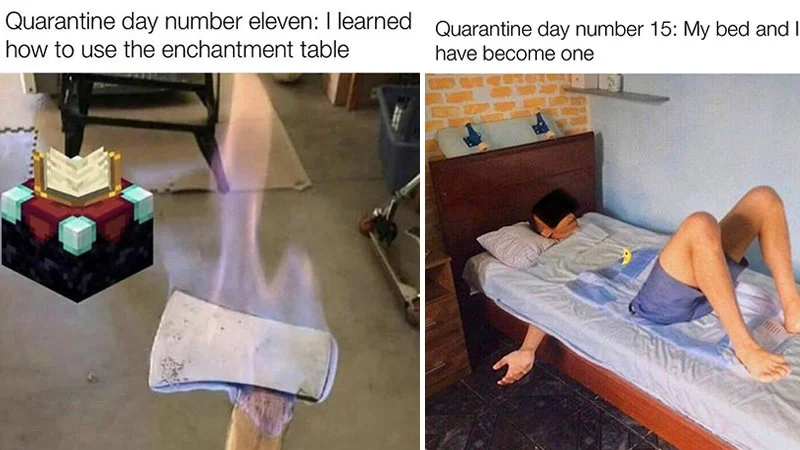 Two-panel Quarantine Day X meme featuring Day 11 with magical enchantment effects and Day 15 showing complete bed-human fusion.