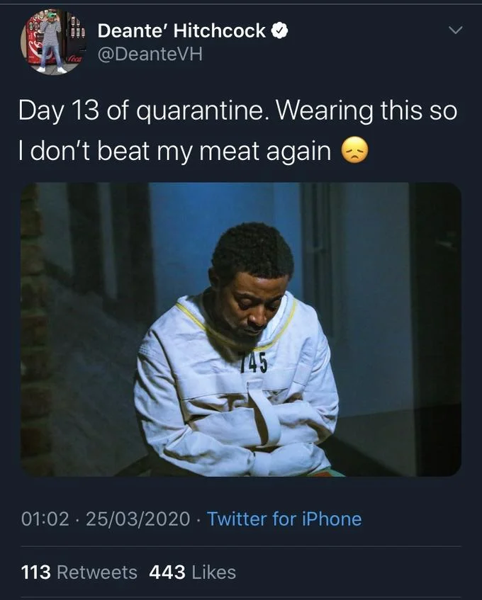 Quarantine Day X — Twitter post from Deante' Hitchcock's Day 13 of Quarantine meme showing him wearing a restrictive jacket as a humorous solution to prevent