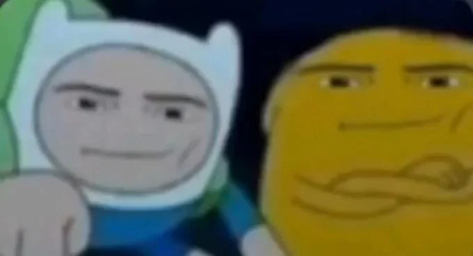Que Pro — Clean screenshot of Finn from Adventure Time and a yellow character displaying confident, smug expressions.