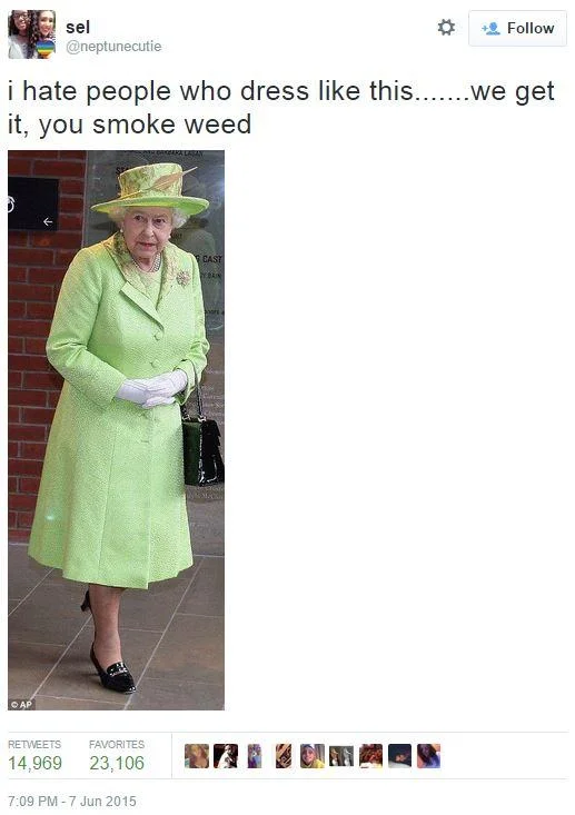 Twitter screenshot of Queen Elizabeth II in green outfit with 'we get it, you smoke weed' caption