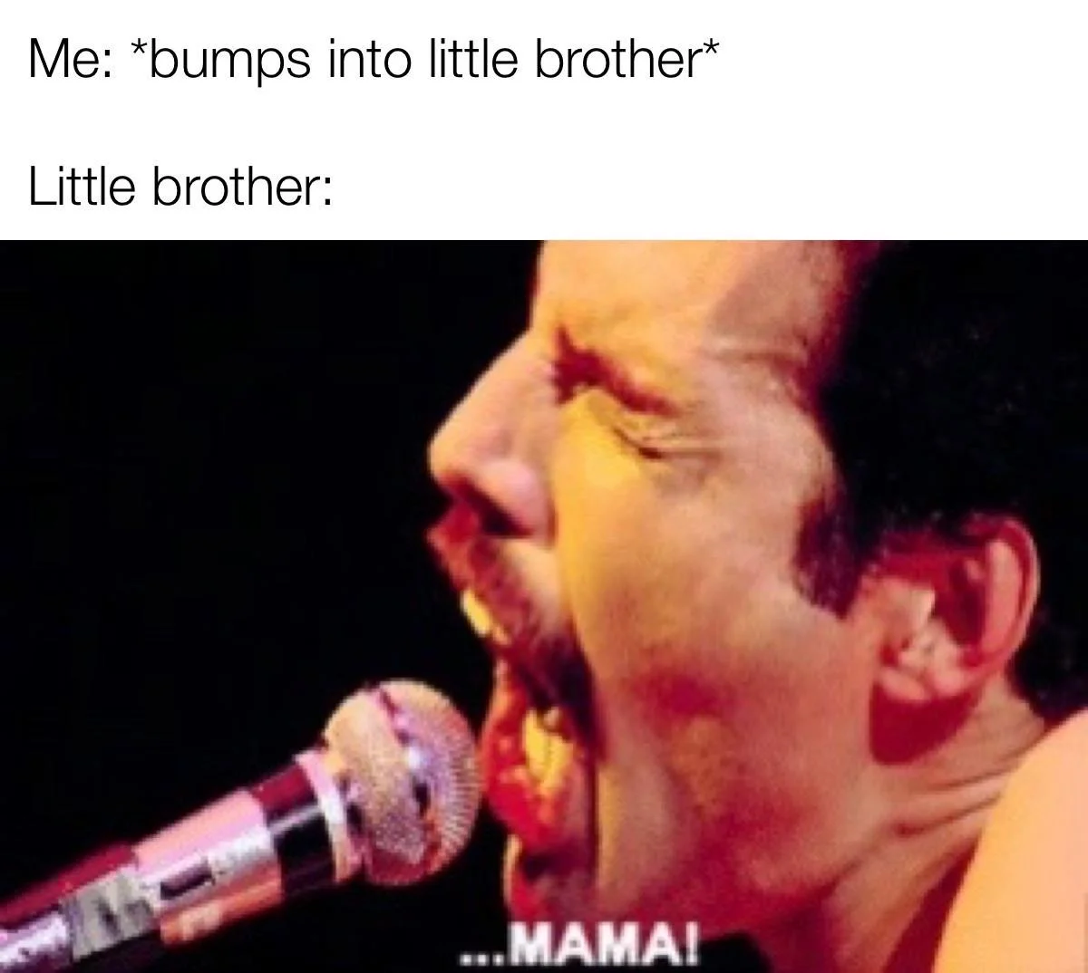 Queen — Meme of Freddie Mercury singing MAMA with 'bumps into little brother' caption