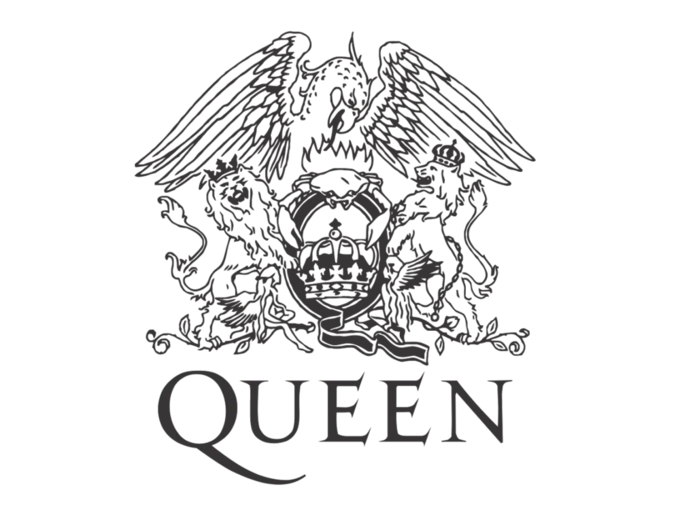 Black and white Queen band crest logo with the word QUEEN beneath