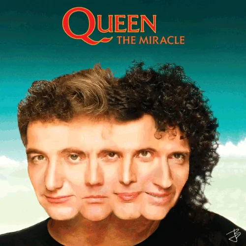Animated Queen 'The Miracle' album cover with morphed band member faces