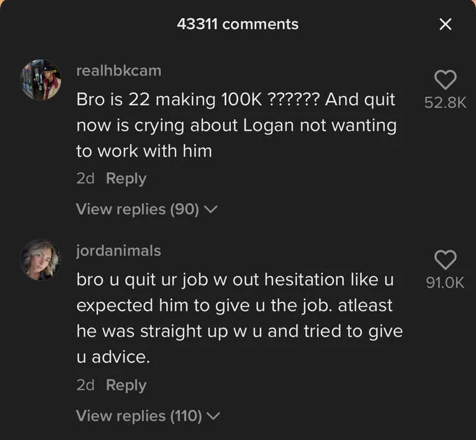 Quitting 100K Job To Work For Jake Paul Tiktok — A screenshot of TikTok comments on the viral video showing 43,311 comments mocking the situation with top