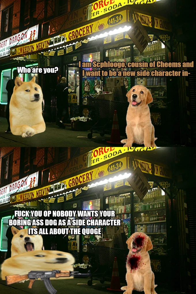 Two-panel Cheems meme ending with the slogan 'its all about the Quoge'