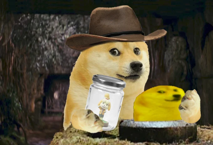 Doge in cowboy hat holding jar with Isabelle beside a yellow Quoge in a cave