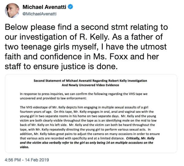 Michael Avenatti second statement tweet on R. Kelly VHS tape
