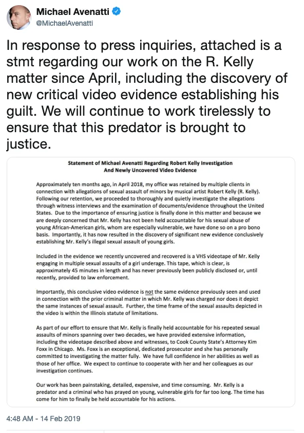 Michael Avenatti tweet with statement on new R. Kelly video evidence