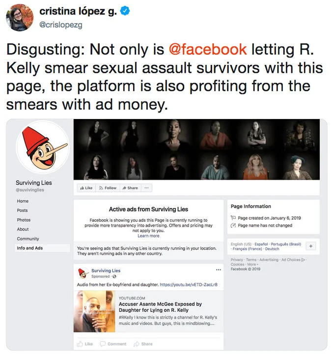Tweet criticizing Facebook for hosting R. Kelly Surviving Lies smear page