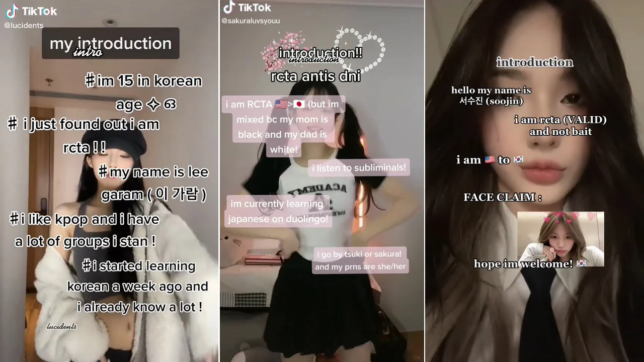 Race Change To Another Rcta — Three TikTok introduction screenshots from users identifying as RCTA, describing Korean identities and use of subliminals.