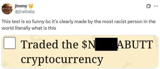 X post by 'jimmy' jokingly presenting a single Race Purity Test item about cryptocurrency trading with redacted terminology.