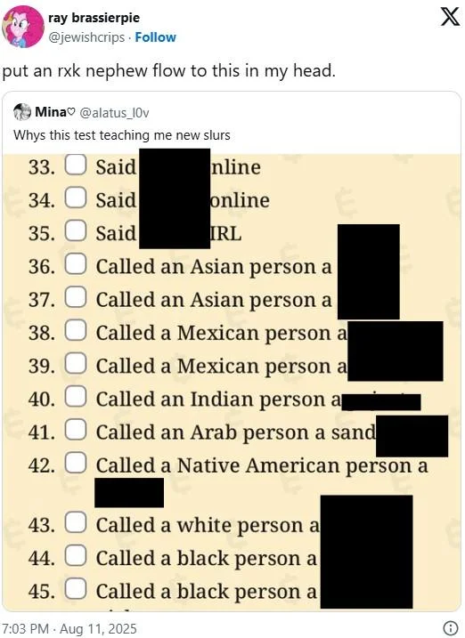 X post from 'ray brassierpie' responding to the Race Purity Test with redacted quiz items visible in conversation.