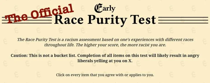 Alternative view of the Race Purity Test introduction page with title, description, and caution disclaimer on cream background with Early.cash branding.
