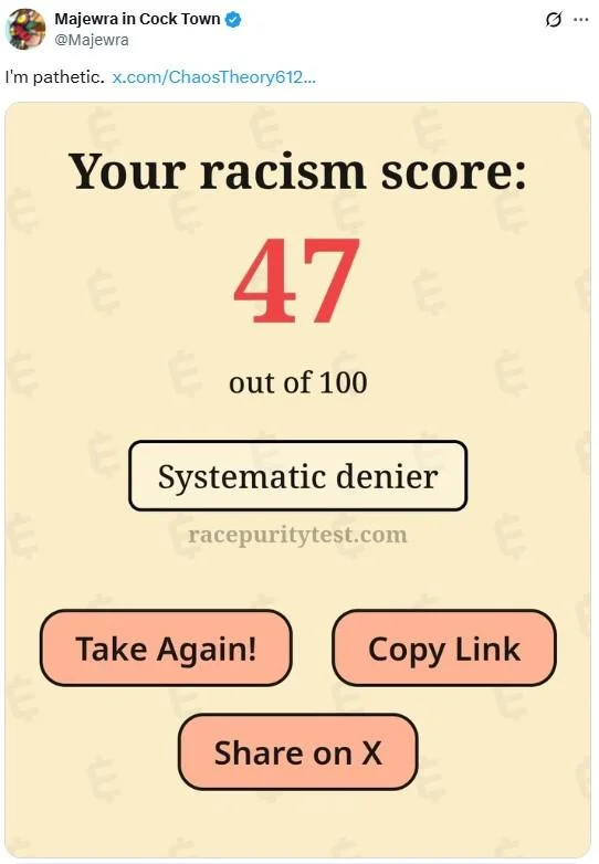 Twitter or X post displaying a completed Race Purity Test result showing a score of 47 out of 100 with personality label 'Systematic denier.'