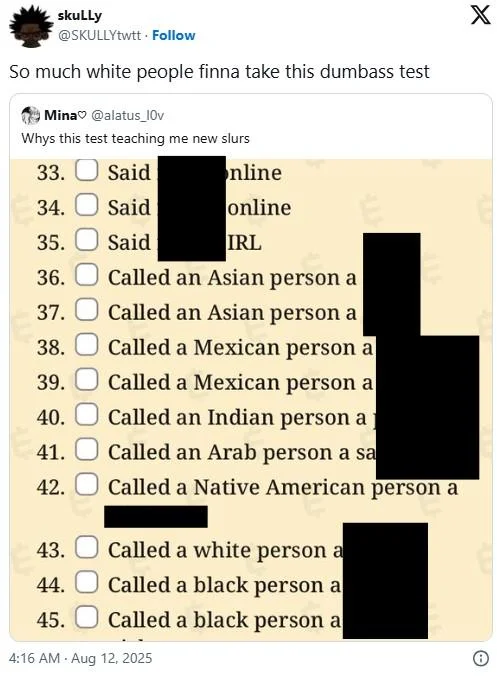 Race Purity Test — X post from 'skuLLy' commenting on the test trend with test items visible and redacted, representing widespread social media discussion.