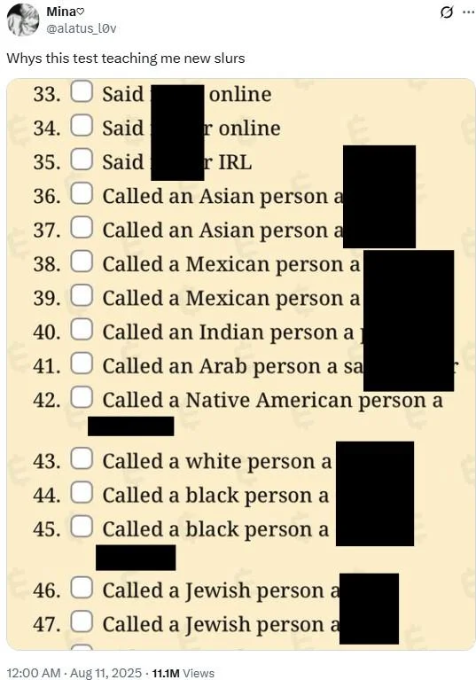 X post by user 'Mina' displaying items 33-47 from the Race Purity Test with empty checkboxes and redacted content.