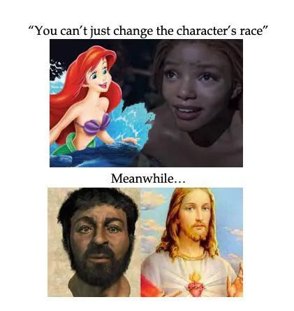 Race Swapping — A two-part low-resolution meme with top panel showing a live-action adaptation and quote 'You can't just change the character's race,' and