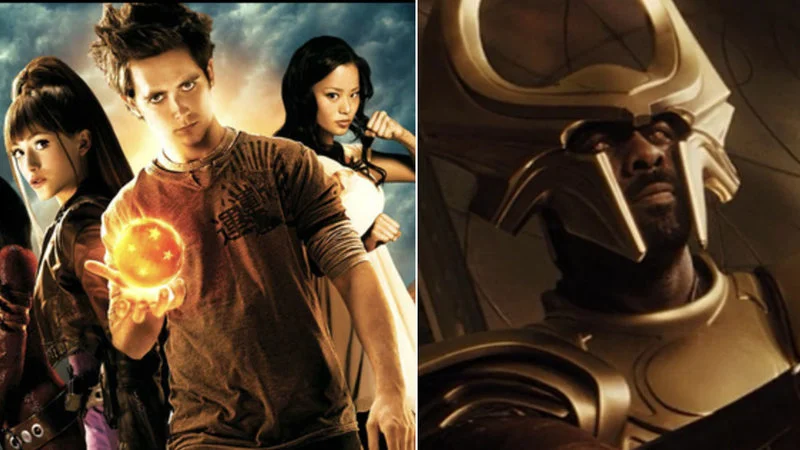 Race Swapping — A clean split image contrasting the 2009 Dragonball Evolution movie poster with a white actor as Goku on the left and Idris Elba in golden