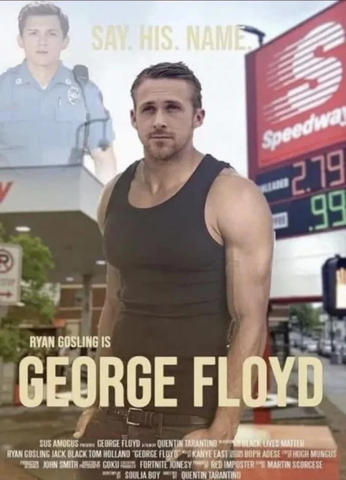 Race Swapping — A fabricated movie poster styled after a prestige drama billing Ryan Gosling with gas-station setting and ghosted police-uniform imagery with