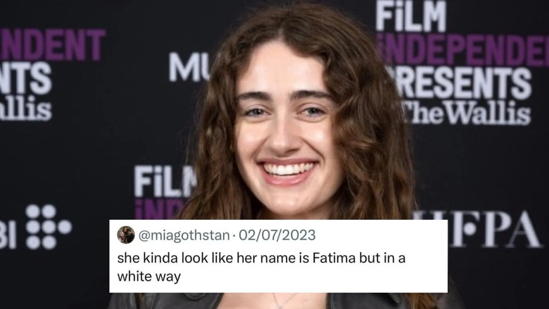 Rachel Sennott's "Fatima" — Smiling Rachel Sennott at Film Independent red carpet with overlaid tweet calling her 'Fatima but in a white way.'
