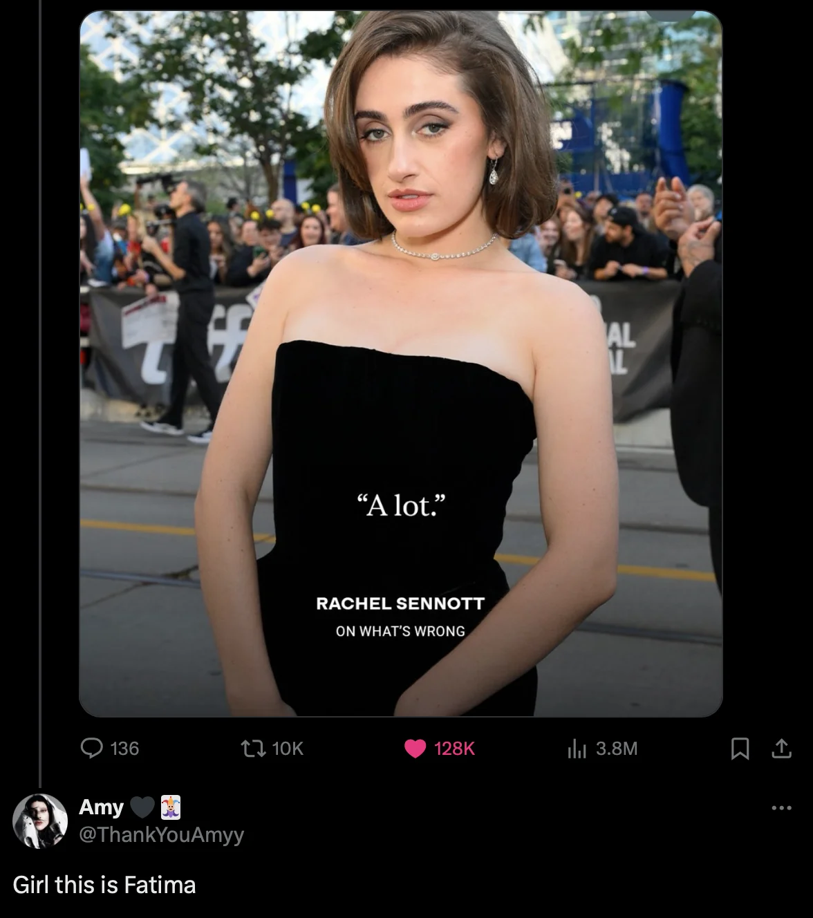 Rachel Sennott's "Fatima" — Tweet from Amy saying 'Girl this is Fatima' over a Rachel Sennott magazine portrait captioned 'A lot.'