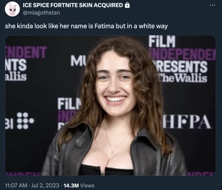 Rachel Sennott's "Fatima" — Original miagothstan tweet about Rachel Sennott looking like 'Fatima but in a white way,' with 14.3M views.