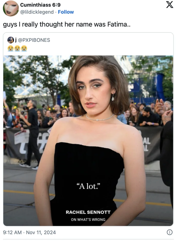 Rachel Sennott's "Fatima" — Tweet joking 'I really thought her name was Fatima' quoting a Rachel Sennott magazine spread captioned 'A lot.'