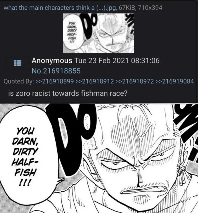 Racist Zoro — 4chan screenshot asking if Zoro is racist toward the fishman race with a manga panel of Zoro insulting a fishman