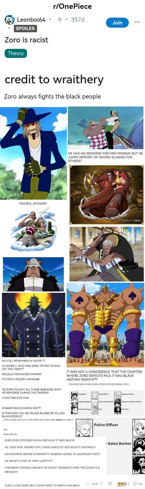 Racist Zoro — Reddit r/OnePiece post titled Zoro is racist with compiled images of dark-skinned antagonists Zoro has defeated