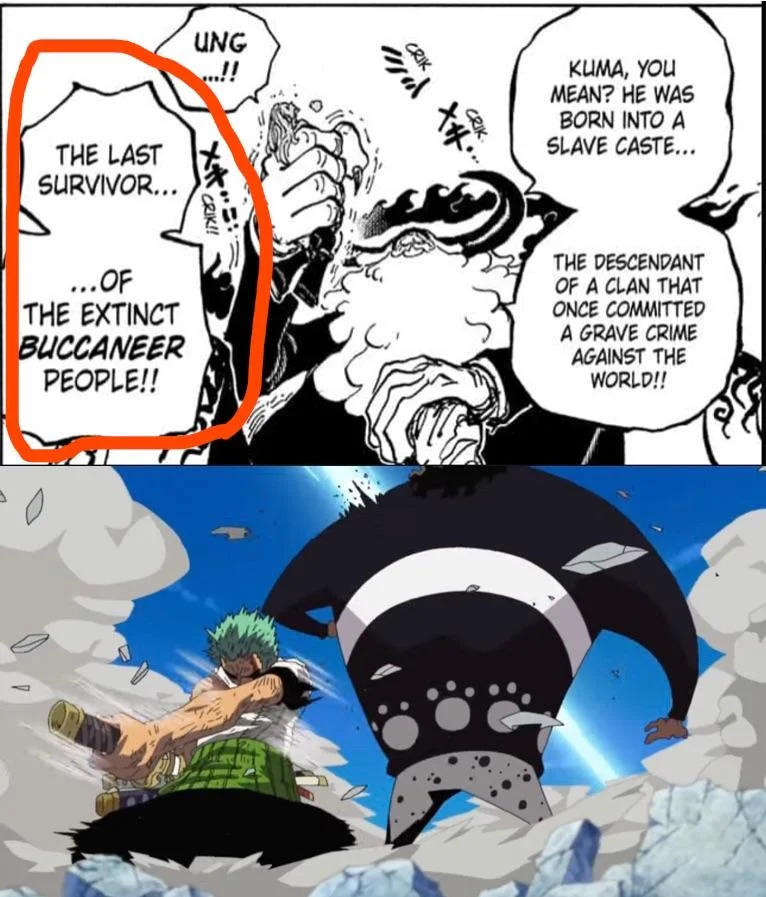 Racist Zoro — Manga panel describing Kuma as last survivor of extinct Buccaneer people with Zoro attacking him below