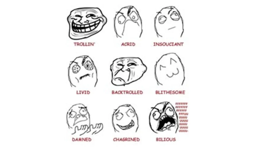 Reference grid displaying nine iconic rage comics character faces with labels showing their canonical character types: Trollin', Ageio, Insouciant, Livid
