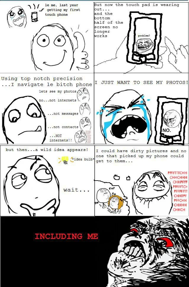 Rage Comics — Multi-panel rage comic depicting a phone-related narrative featuring crude drawn faces with varying expressions showing classic text-accompanied