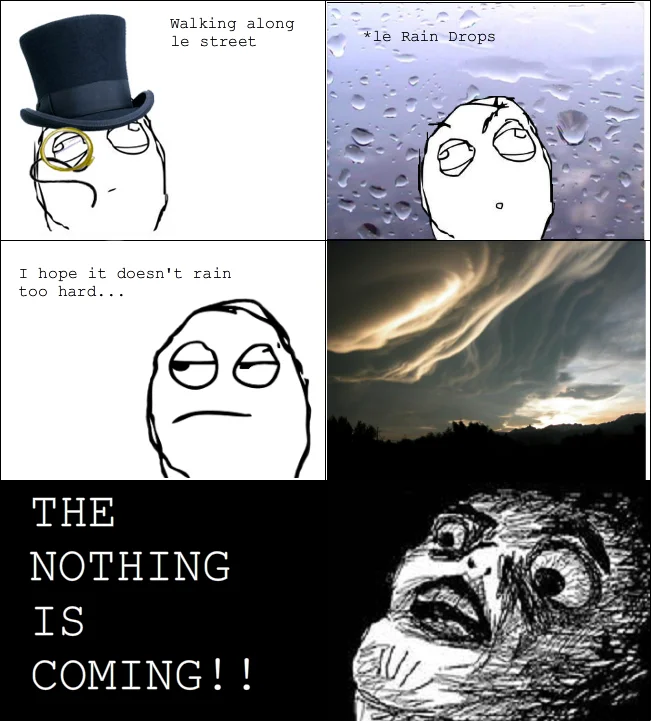 Rage Comics — Multi-panel rage comic featuring a character wearing a top hat progressing through rain-related scenarios with different emotional reactions and