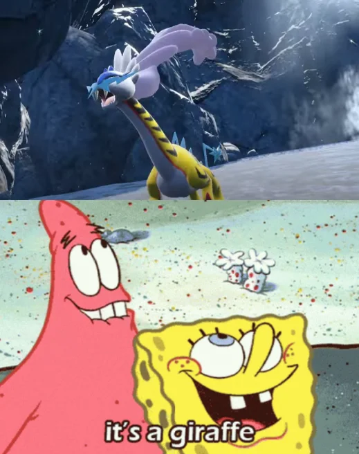 Raging Bolt (Paradox Raikou) — Meme pairing Raging Bolt with SpongeBob and Patrick exclaiming 'it's a giraffe'.