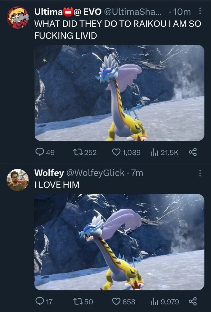 Raging Bolt (Paradox Raikou) — Two tweets showing opposing reactions to Raging Bolt, one angry and one declaring love for the new Pokémon.