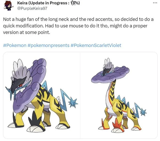 Raging Bolt (Paradox Raikou) — Tweet showing an edited fan redesign of Raging Bolt with a shortened neck alongside the original official artwork.