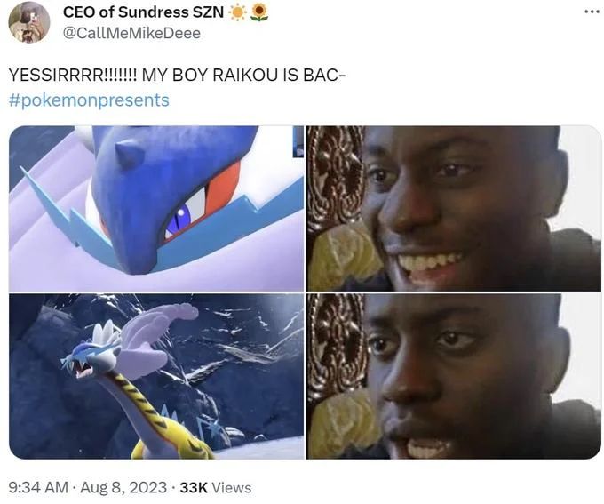 Raging Bolt (Paradox Raikou) — Tweet with a hype-to-disappointed reaction meme showing excitement at a Raikou tease followed by shock at Raging Bolt's