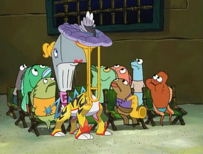 Raging Bolt (Paradox Raikou) — SpongeBob SquarePants concert scene edited to show Raging Bolt as Squidward playing the clarinet in front of a fish audience.