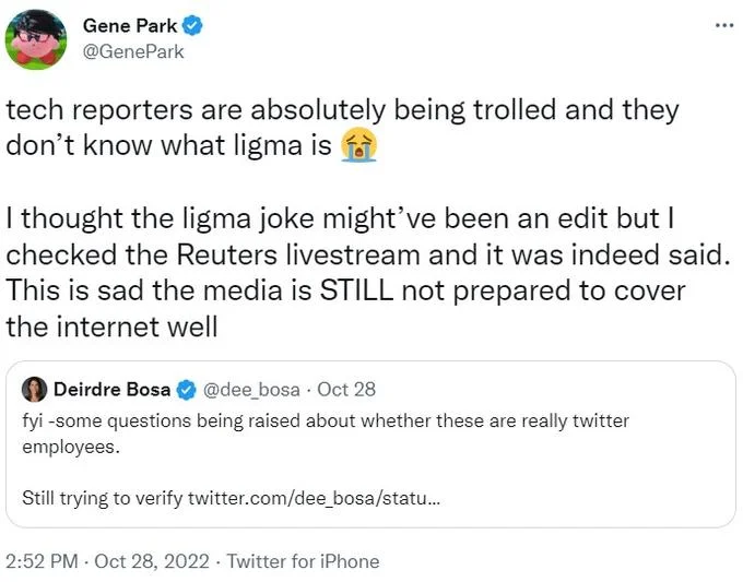 Rahul Ligma And Daniel Johnson — Gene Park tweet mocking tech reporters for not recognizing the ligma joke
