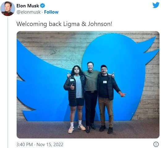 Elon Musk posing with Rahul Ligma and Daniel Johnson in front of the Twitter logo